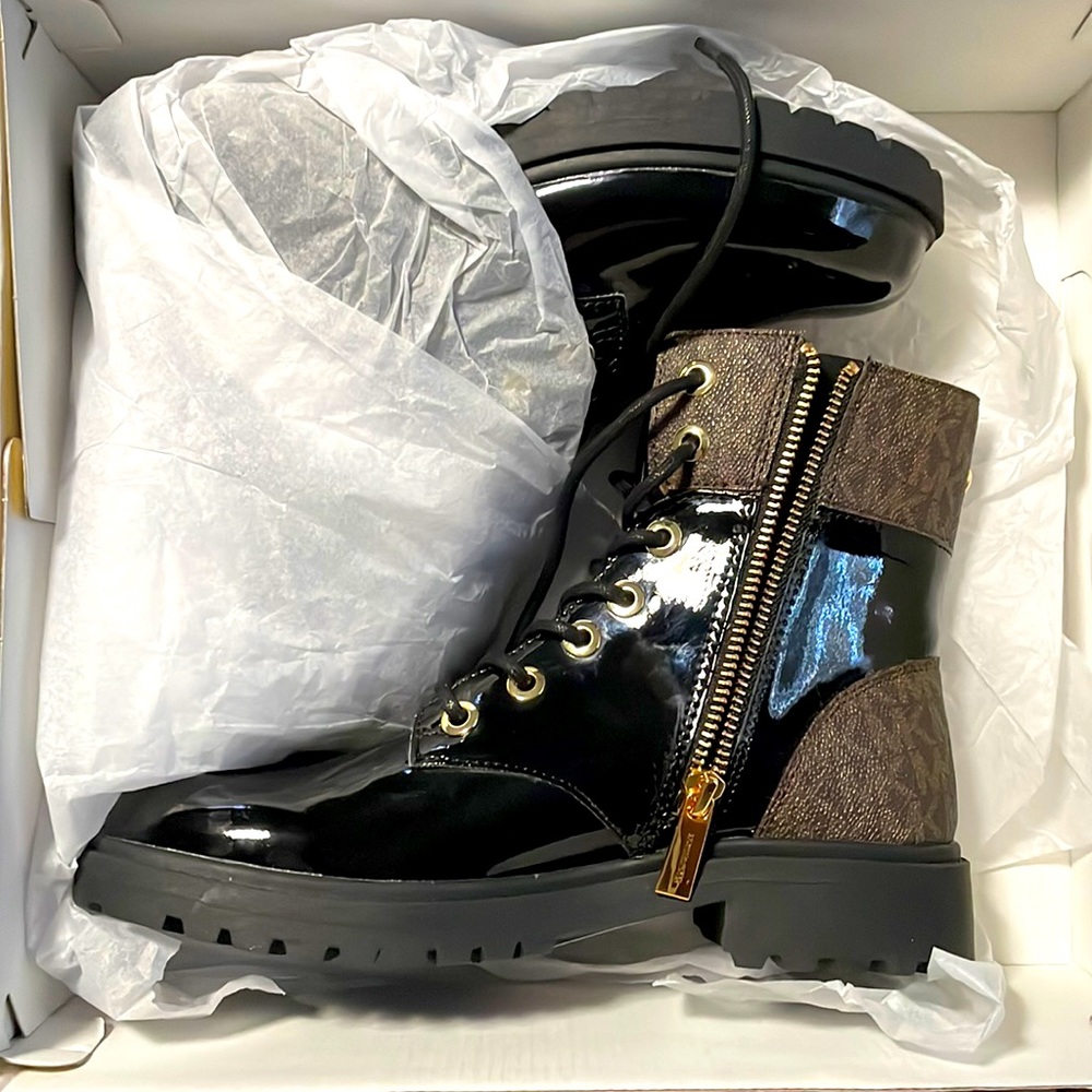 Patent with brown MK boots size 6